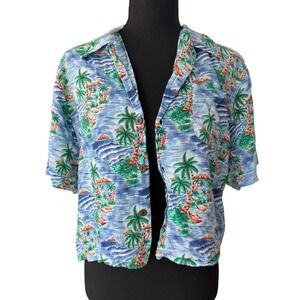 Cropped Boxy Hawaiian Shirt Womens L Blue Palm Trees Resortwear Summer Vacation